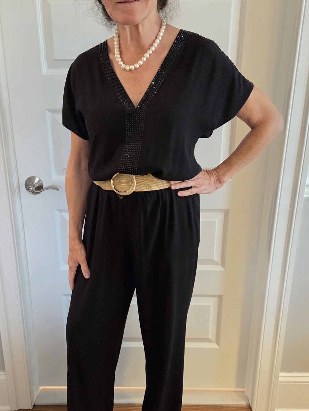 St. Johns Black V‑Neck Jumpsuit with Beaded Trim